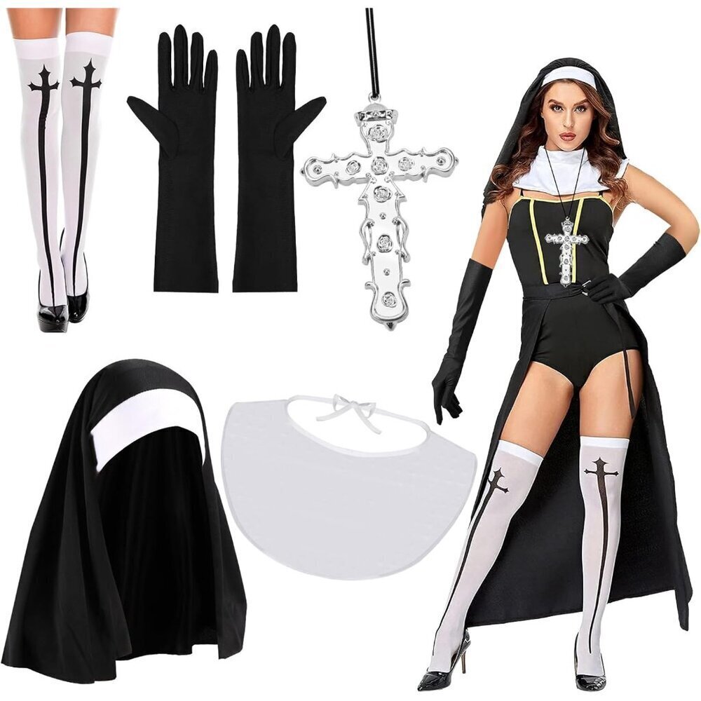 5PCS Nun Costume Accessories Women Headpiece Collar Gloves Cross Socks Halloween